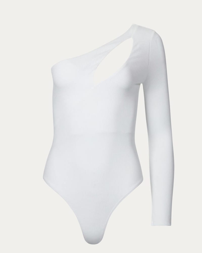 Front of a size L One-Sleeve Cutout Bodysuit in Off White in Off White by LUSH. | dia_product_style_image_id:333726